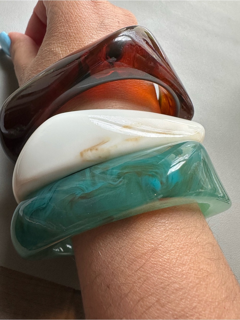 Stackable Resin Bangle Trio in Amber, White & Teal